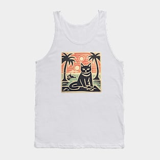 Black Cat Lino Cut Hawaiian Sunset Tank Top